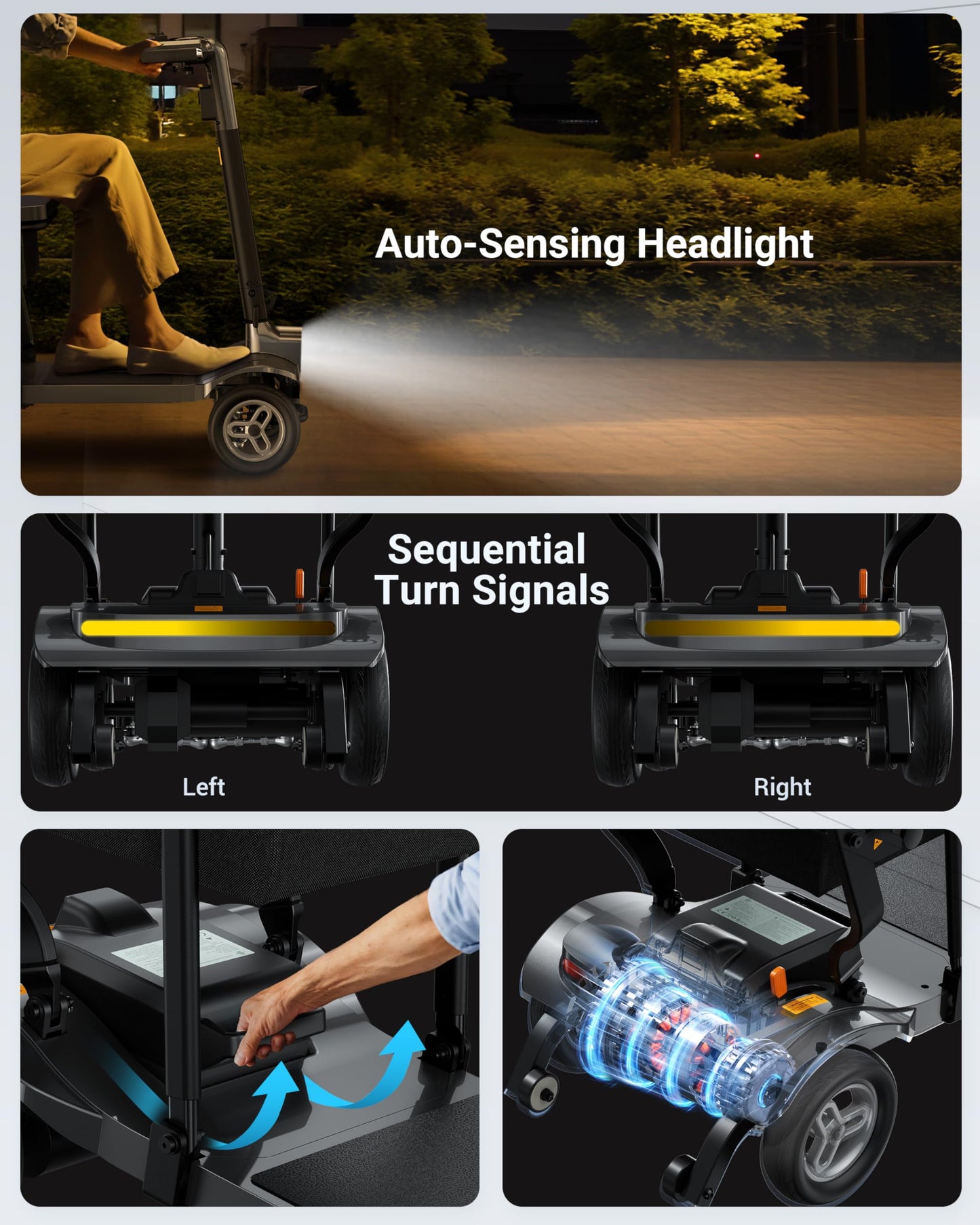 Specared Mobility Scooter, 38LB Lightweight, Auto Headlights, Reverse Taillights, Airline, Cruise Approved Portable Scooter, 300LBS Capacity, Black