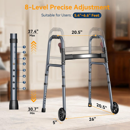 Specared Folding Walker for Seniors, Lightweight Rolling Walker with 8 Height Adjustments, One-Hand Folding, 300lbs Capacity for Elderly Adults and Handicap, Gray