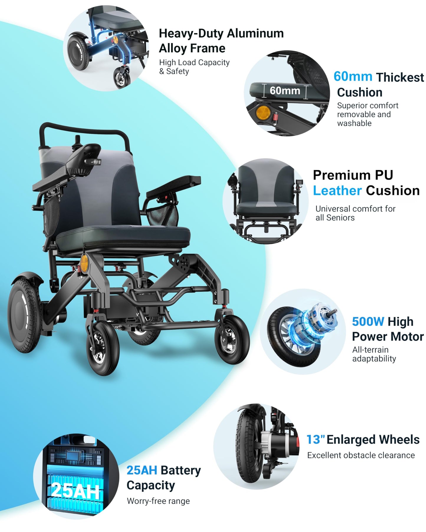 Specared Electric Wheelchair, 30 Miles 500W All Terrain Power Wheelchair, Leather Cushion, 13'' Tires, Lightweight Aluminum, 400lbs Capacity