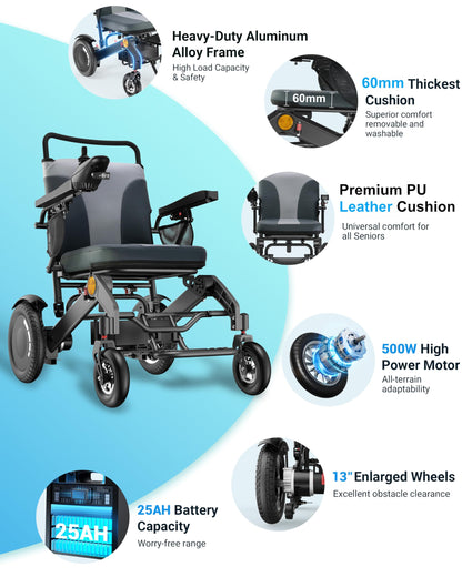 Specared Electric Wheelchair, 30 Miles 500W All Terrain Power Wheelchair, Leather Cushion, 13'' Tires, Lightweight Aluminum, 400lbs Capacity