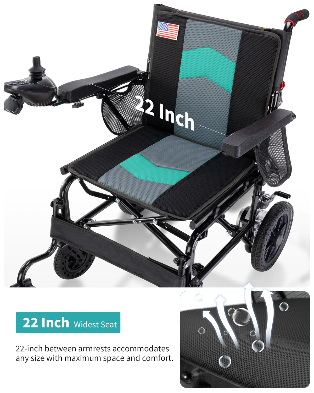 Specared 22'' Widest Seat Foldable Electric Wheelchair, 500W 15 Mile Range All Terrain Motorized Wheelchair, 350LB Support, Blue
