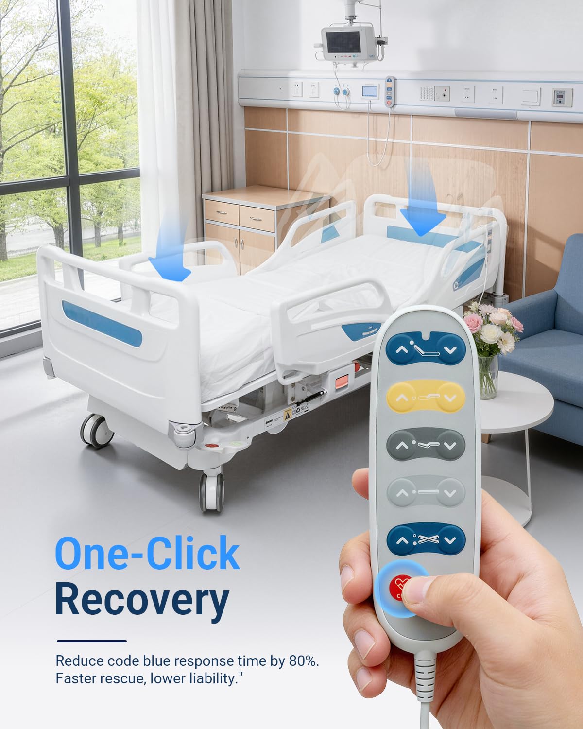 Specared 6-Function Electric Hospital Bed with Quiet Timotion Motor & CPR Release, Adjustable Home Care Medical Bed with Mattress IV Pole, Max 550lbs