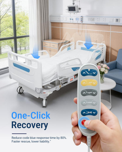 Specared 6-Function Electric Hospital Bed with Quiet Timotion Motor & CPR Release, Adjustable Home Care Medical Bed with Mattress IV Pole, Max 550lbs