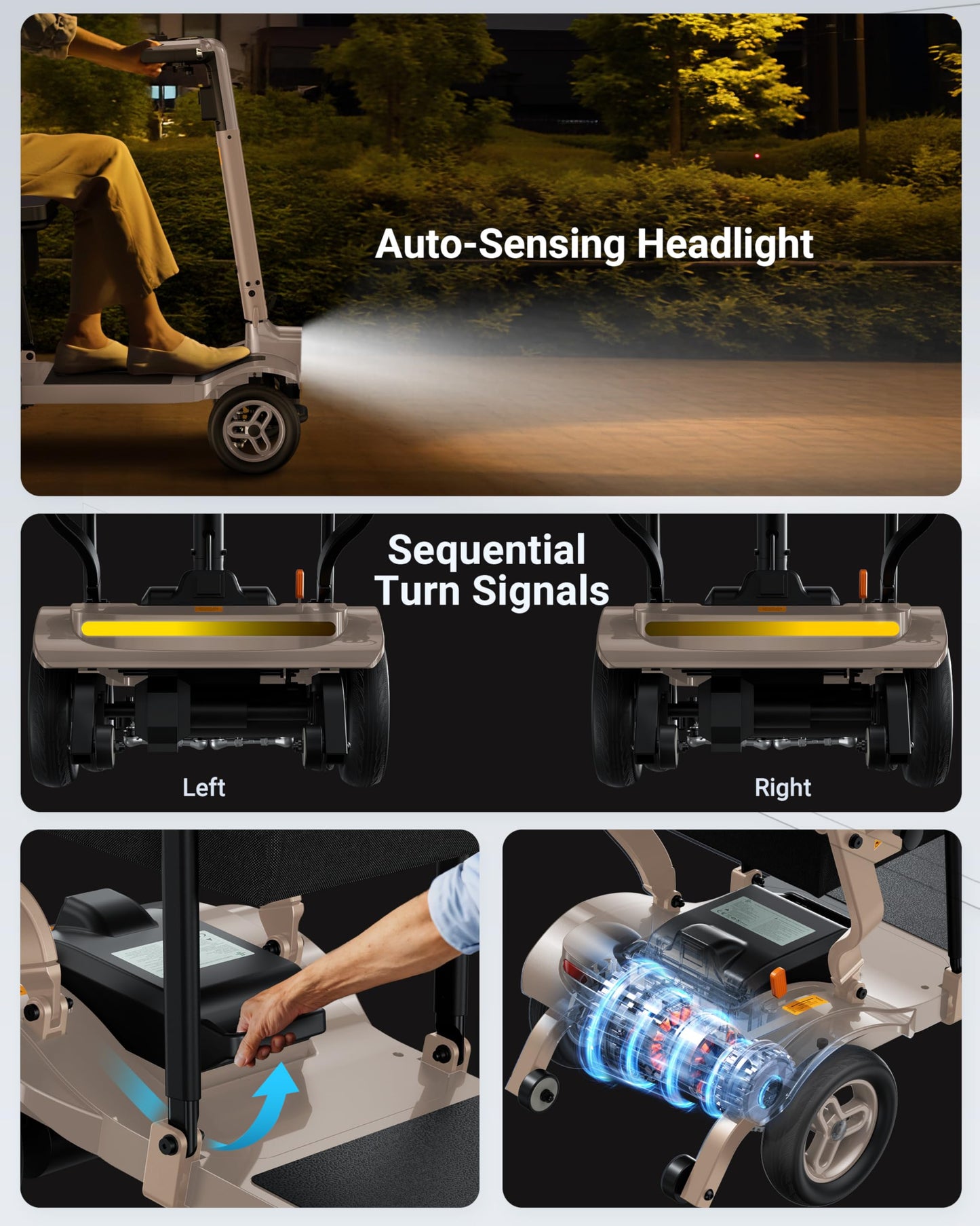 Specared Mobility Scooter, 38LB Lightweight, Auto Headlights, Reverse Taillights, Airline, Cruise Approved Portable Scooter, 300LBS Capacity, Gold