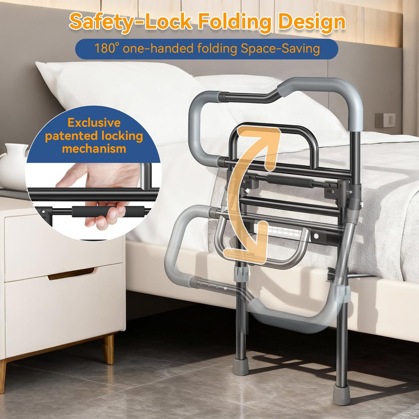 Specared Bed Rails for Elderly Safety, 180° One-Hand Folding Bed Assist Rails for Seniors with Sensor Light & Storage Pocket, Adjustable Height
