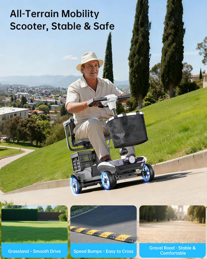 Specared 4 Wheel Mobility Scooter, Dual Baskets, 15 Miles Range, LED Headlight, 330 lb Capacity Foldable Electric Scooter, White