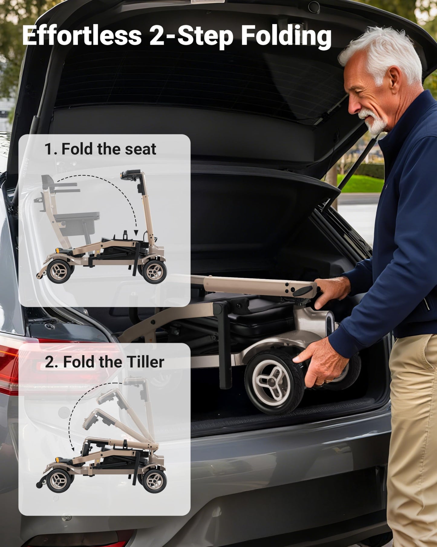 Specared Mobility Scooter, 38LB Lightweight, Auto Headlights, Reverse Taillights, Airline, Cruise Approved Portable Scooter, 300LBS Capacity, Gold