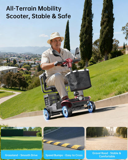 Specared 4 Wheel Mobility Scooter, Dual Baskets, 15 Miles Range, LED Headlight, 330 lb Capacity Foldable Electric Scooter, Red