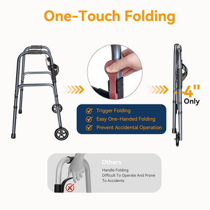 Specared Folding Walker for Seniors, Lightweight Rolling Walker with 8 Height Adjustments, One-Hand Folding, 300lbs Capacity for Elderly Adults and Handicap, Gray