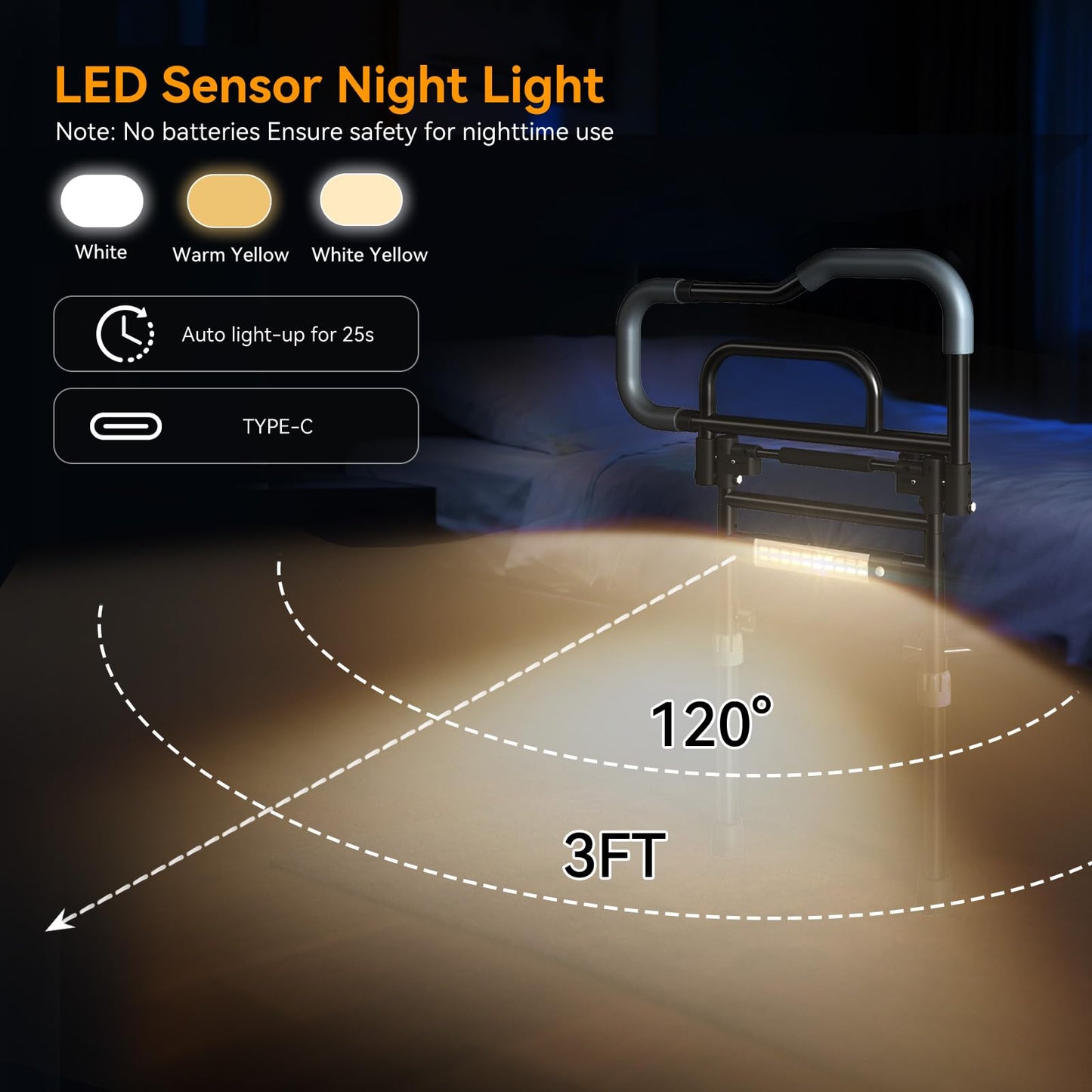 Specared Bed Rails for Elderly Safety, 180° One-Hand Folding Bed Assist Rails for Seniors with Sensor Light & Storage Pocket, Adjustable Height