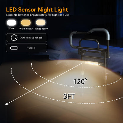 Specared Bed Rails for Elderly Safety, 180° One-Hand Folding Bed Assist Rails for Seniors with Sensor Light & Storage Pocket, Adjustable Height