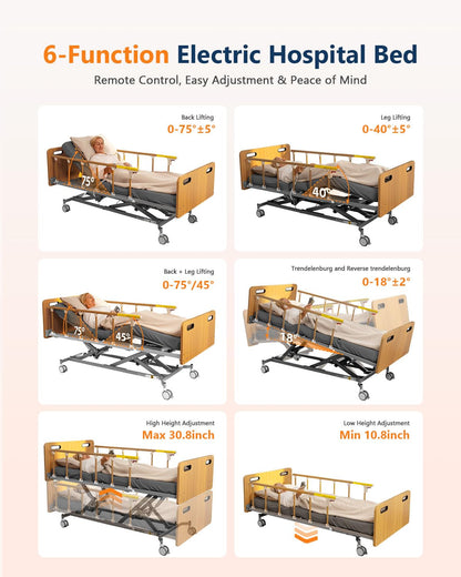 Specared Electric Hospital Bed for Home Use, 5-Function Dewert Motor Ultra-Low Height Home Care Bed with Mattress, Overbed Table & Foldable Rails, Max 530lb