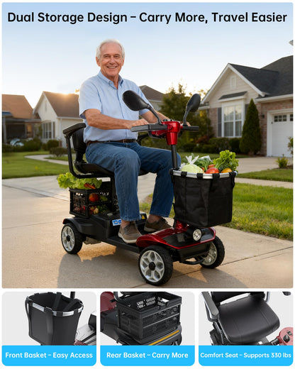 Specared 4 Wheel Mobility Scooter, Dual Baskets, 15 Miles Range, LED Headlight, 330 lb Capacity Foldable Electric Scooter, Red