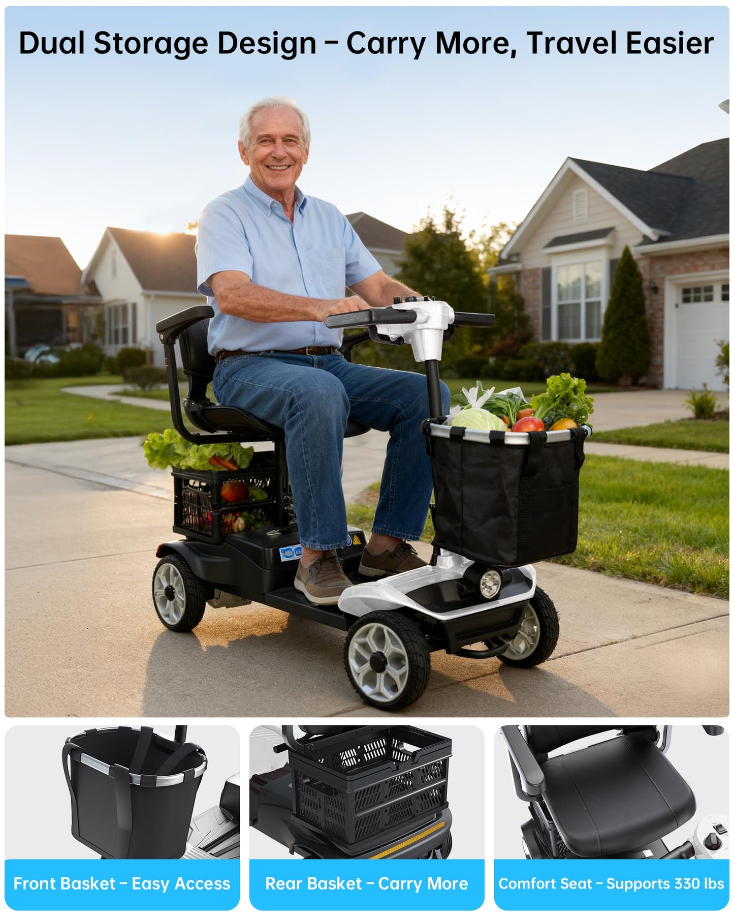 Specared 4 Wheel Mobility Scooter, Dual Baskets, 15 Miles Range, LED Headlight, 330 lb Capacity Foldable Electric Scooter, White