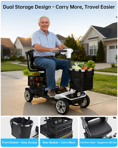 Specared 4 Wheel Mobility Scooter, Dual Baskets, 15 Miles Range, LED Headlight, 330 lb Capacity Foldable Electric Scooter, White