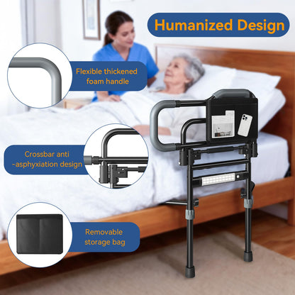 Specared Bed Rails for Elderly Safety, 180° One-Hand Folding Bed Assist Rails for Seniors with Sensor Light & Storage Pocket, Adjustable Height
