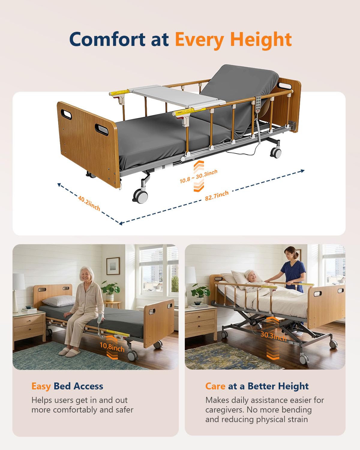 Specared Electric Hospital Bed for Home Use, 5-Function Dewert Motor Ultra-Low Height Home Care Bed with Mattress, Overbed Table & Foldable Rails, Max 530lb