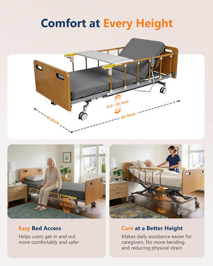 Specared Electric Hospital Bed for Home Use, 5-Function Dewert Motor Ultra-Low Height Home Care Bed with Mattress, Overbed Table & Foldable Rails, Max 530lb