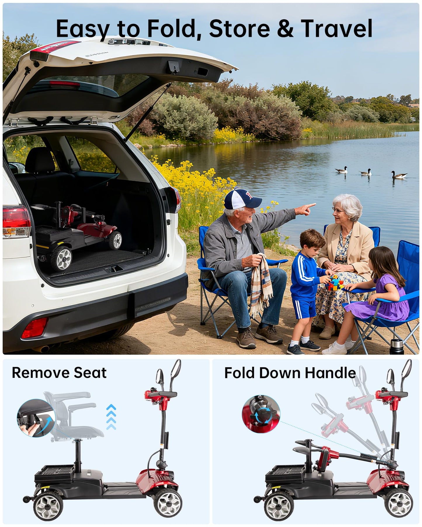Specared 4 Wheel Mobility Scooter, Dual Baskets, 15 Miles Range, LED Headlight, 330 lb Capacity Foldable Electric Scooter, Red