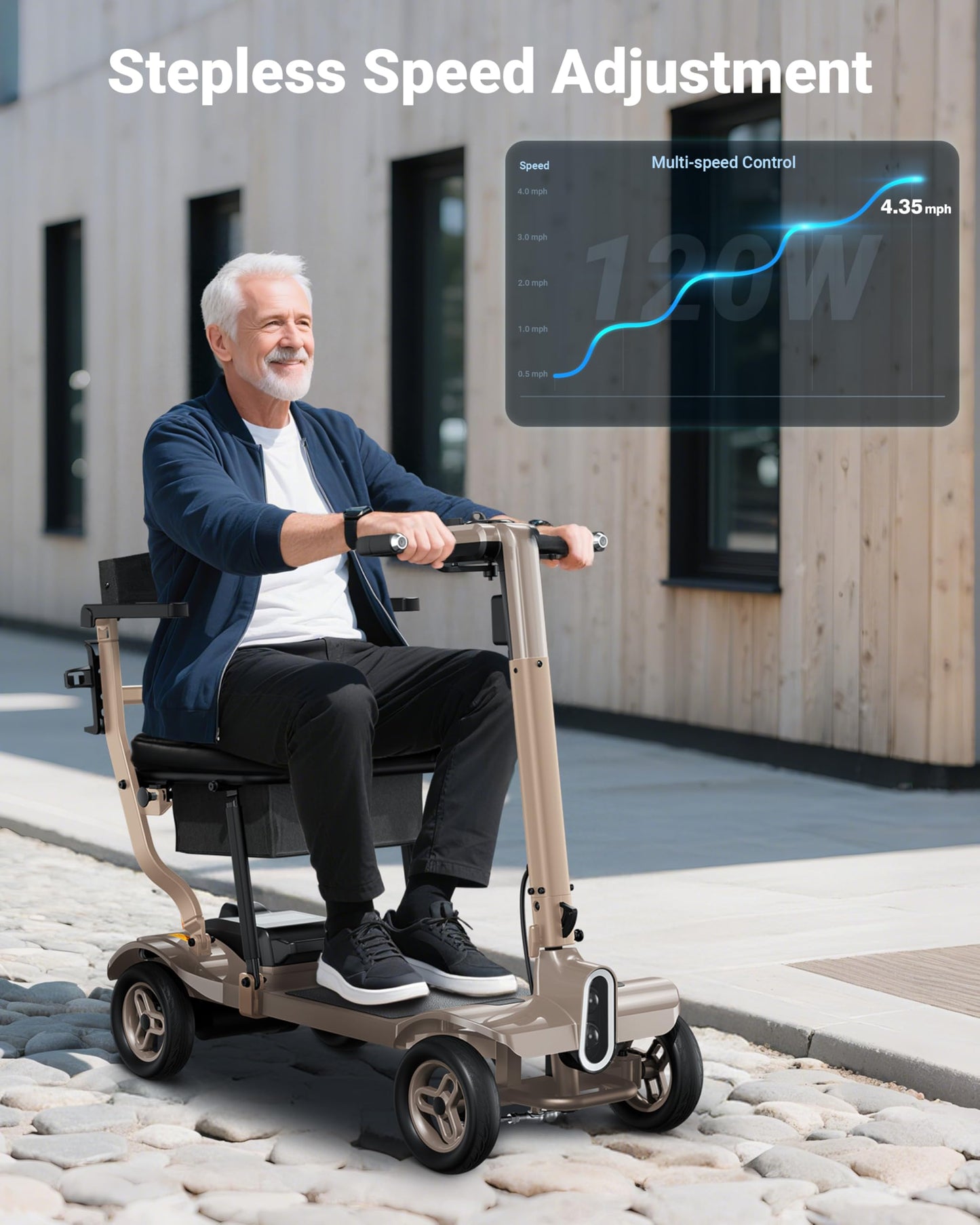Specared Mobility Scooter, 38LB Lightweight, Auto Headlights, Reverse Taillights, Airline, Cruise Approved Portable Scooter, 300LBS Capacity, Gold