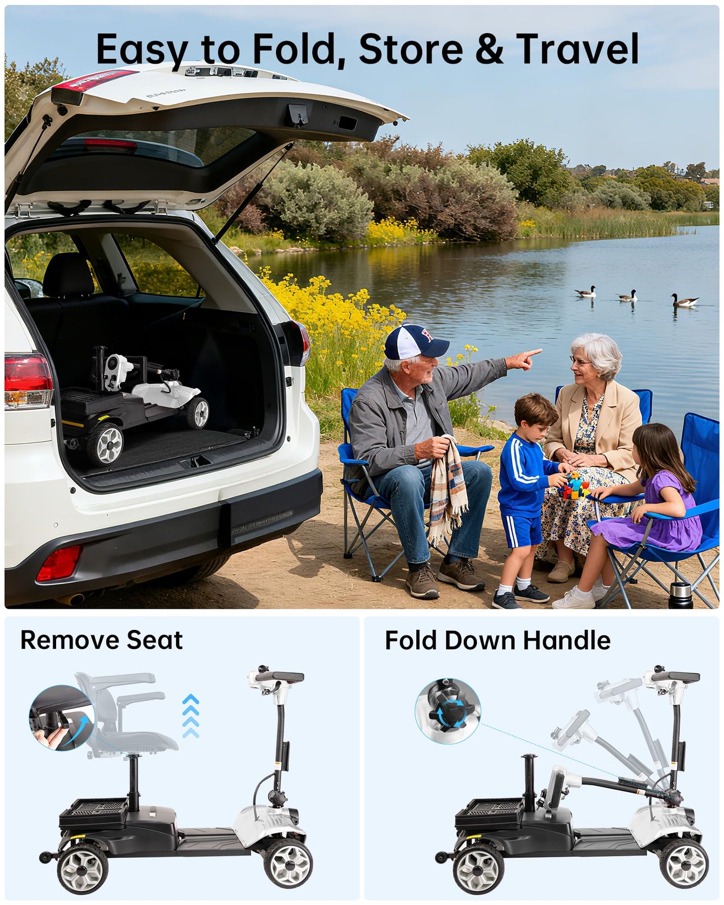 Specared 4 Wheel Mobility Scooter, Dual Baskets, 15 Miles Range, LED Headlight, 330 lb Capacity Foldable Electric Scooter, White