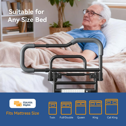 Specared Bed Rails for Elderly Safety, 180° One-Hand Folding Bed Assist Rails for Seniors with Sensor Light & Storage Pocket, Adjustable Height