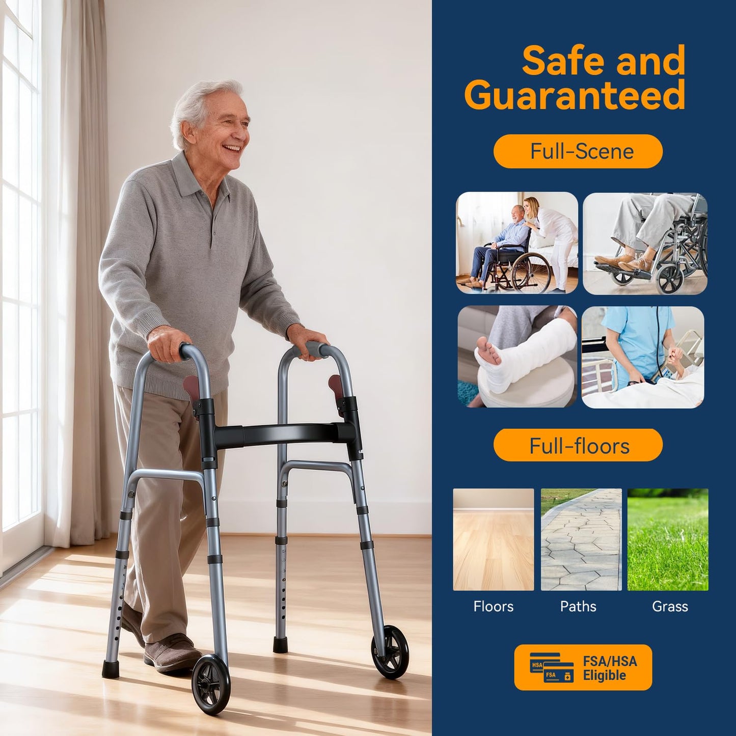Specared Folding Walker for Seniors, Lightweight Rolling Walker with 8 Height Adjustments, One-Hand Folding, 300lbs Capacity for Elderly Adults and Handicap, Gray
