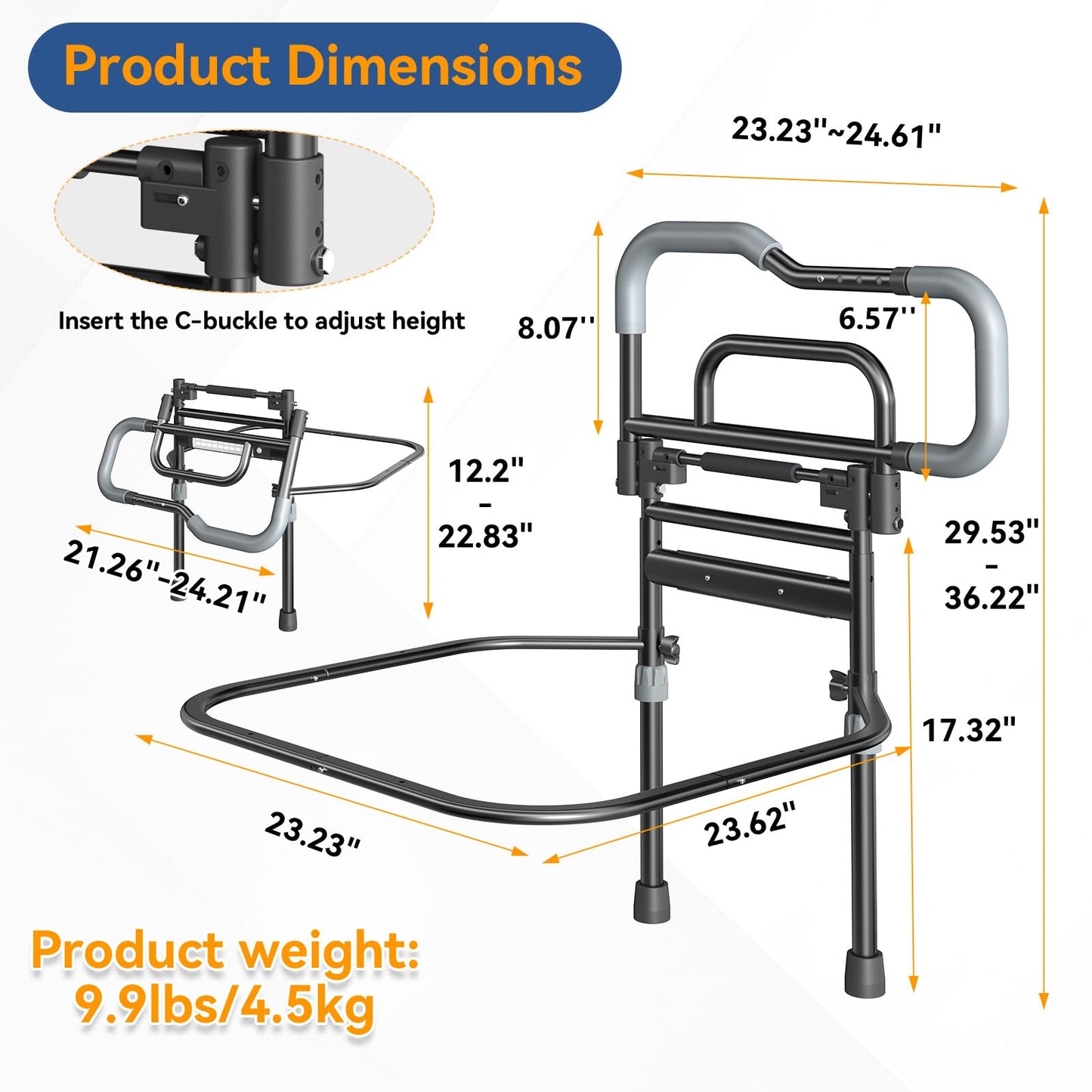 Specared Bed Rails for Elderly Safety, 180° One-Hand Folding Bed Assist Rails for Seniors with Sensor Light & Storage Pocket, Adjustable Height