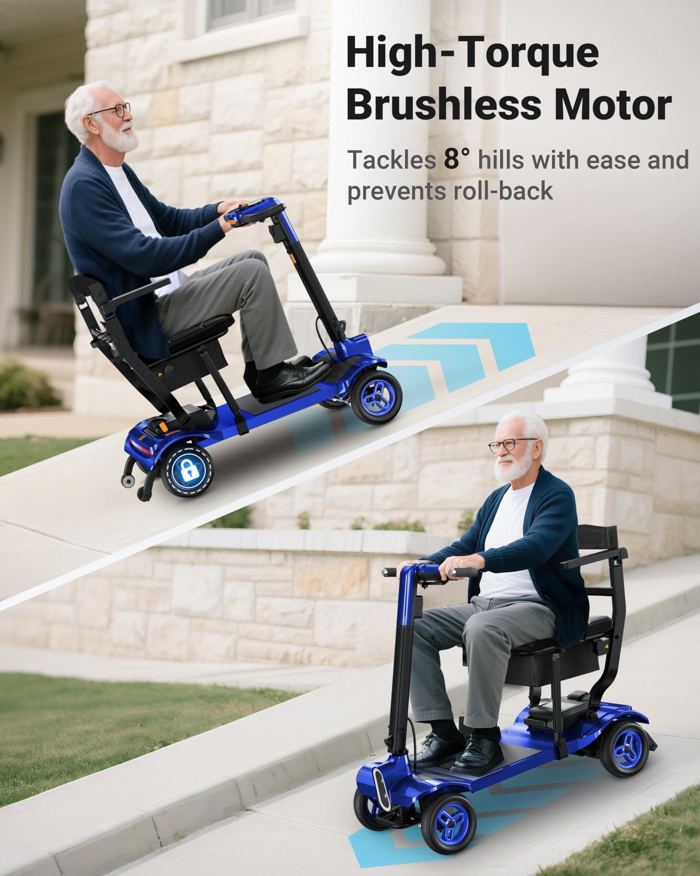 Specared Mobility Scooter 38LB Lightweight, Auto Headlights, Reverse Taillights, Airline, Cruise Approved Portable Scooter, 300LBS Capacity, Blue