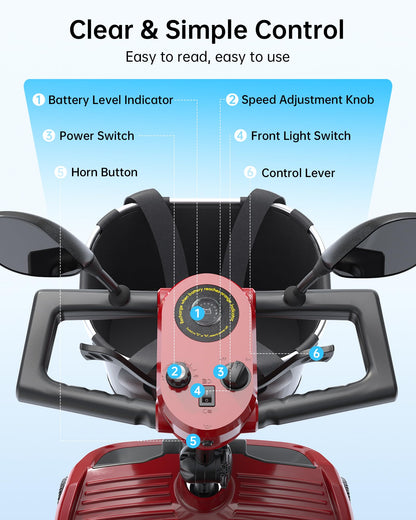 Specared 4 Wheel Mobility Scooter, Dual Baskets, 15 Miles Range, LED Headlight, 330 lb Capacity Foldable Electric Scooter, Red