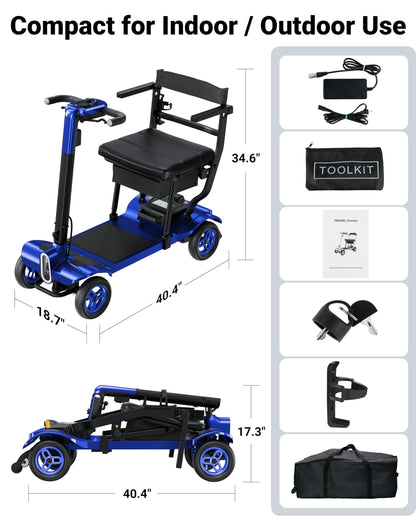 Specared Mobility Scooter 38LB Lightweight, Auto Headlights, Reverse Taillights, Airline, Cruise Approved Portable Scooter, 300LBS Capacity, Blue
