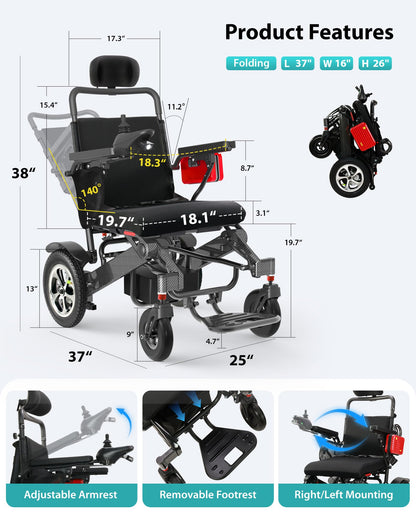 Specared Reclining Electric Wheelchair, 500W All Terrain Power Wheelchair Adjustable Headrest 30 Miles Range, 400 lbs Capacity
