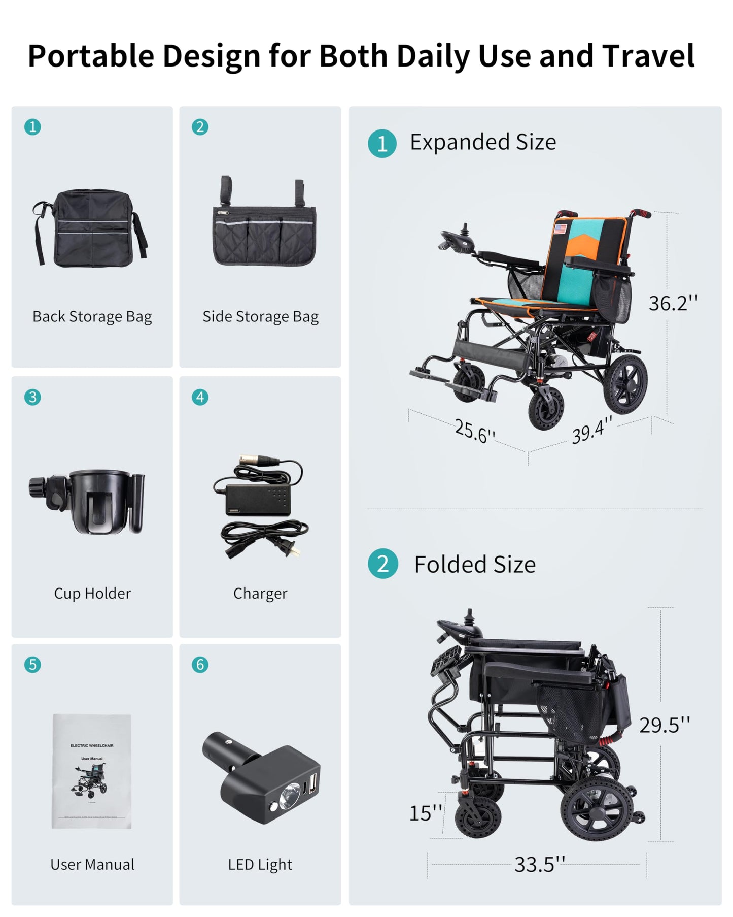 Specared Electric Wheelchairs with 22'' Widest Seat, 500W Motor All Terrain Power Wheelchair, 15 Miles 350 lb Support, Orange