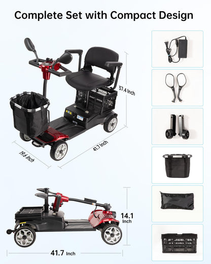 Specared 4 Wheel Mobility Scooter, Dual Baskets, 15 Miles Range, LED Headlight, 330 lb Capacity Foldable Electric Scooter, Red